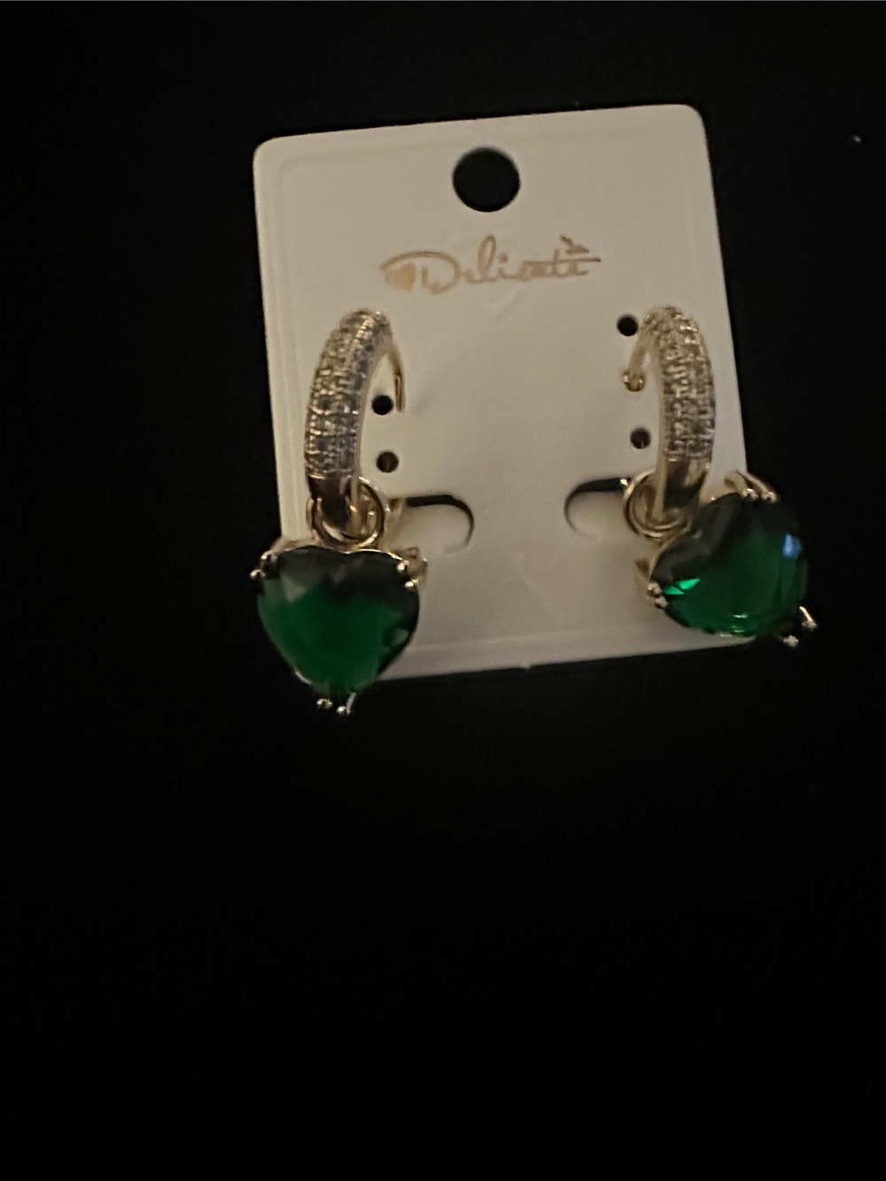 delicates Gold Hoop Earrings with diamond accents and  Green Heart Drops - Picture 4 of 5